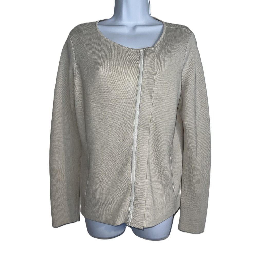 Eileen Fisher Silk Cotton Leather Trim Asymmetric Knit Jacket Beige Small S4QC-1